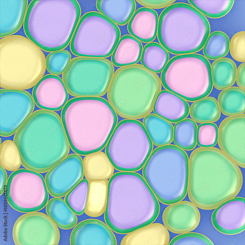 Poster digital illustration of colorful organic forms. abstract background with soft pastel colors includin