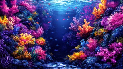 Naklejka premium Vibrant Underwater Scene with Colorful Coral Reef, Exotic Fish, and Sunlight Filtering through Clear Ocean Water in a Lush Marine Environment