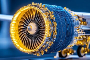 A close-up of an airplane's engine turbine, showing intricate details and polished metallic surfaces