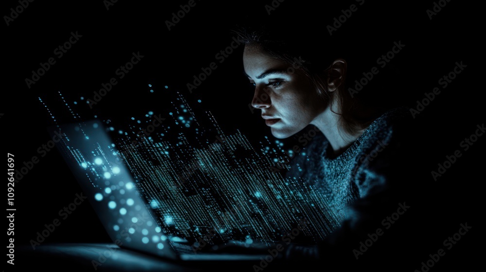 Poster a focused individual using a laptop, surrounded by digital data visualizations.