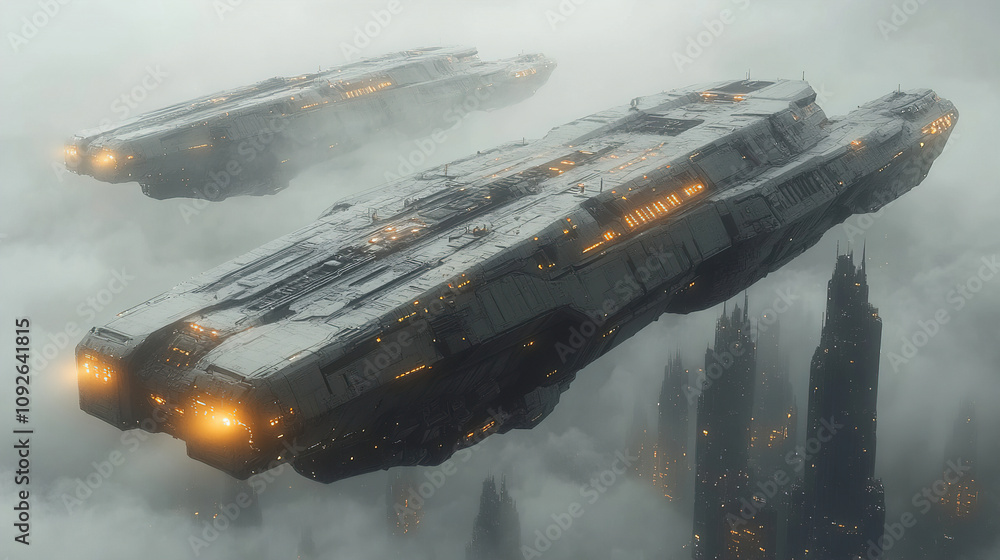 Poster massive futuristic spaceships hover over a shadowy cityscape shrouded in mist during a twilight sett