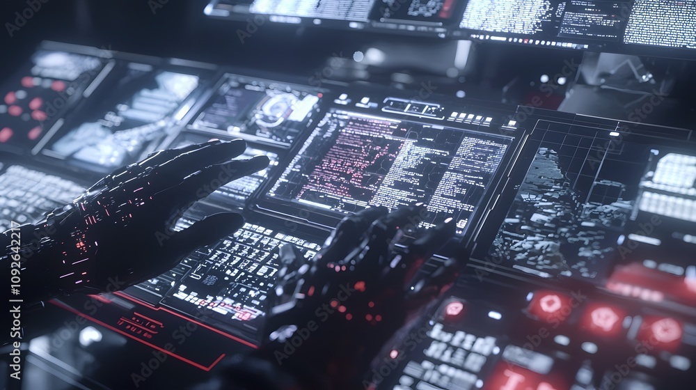 Poster Cybernetic control operation futuristic command center digital interface high-tech environment close-up view innovation in ai technology