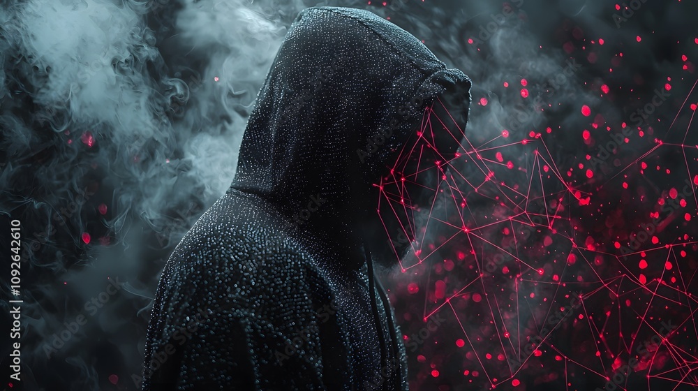 Poster mysterious figure in hoodie urban environment digital art dark atmosphere side view cyber security c