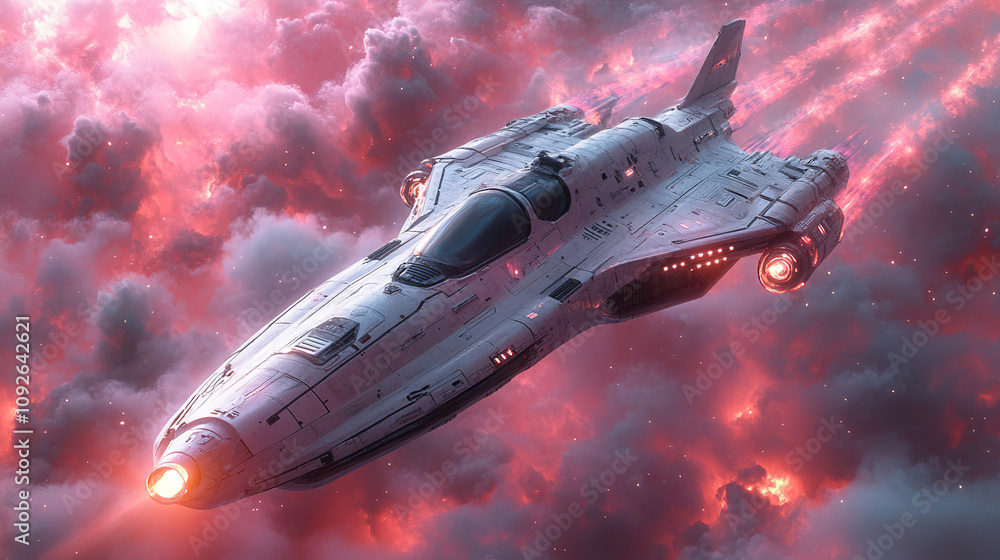 Poster spaceship navigating through vibrant cosmic clouds under a starry sky at dusk. generative ai