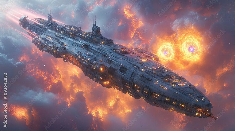 Aufkleber spaceship navigating through vivid celestial clouds in a distant galaxy at twilight. generative ai