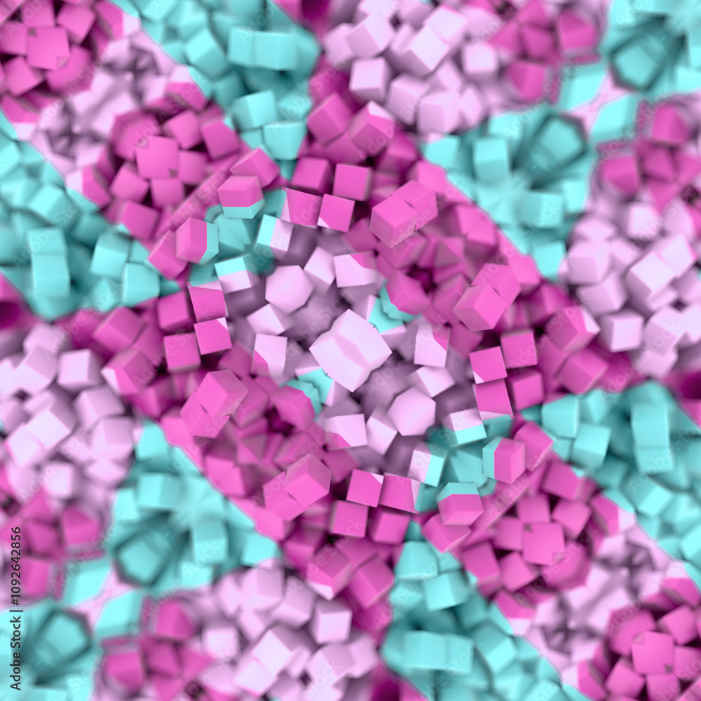Aufkleber Digital illustration with a geometric pattern consisting of many small three-dimensional cubes colored in shades of pink and blue. Contemporary and abstract style. 3d rendering