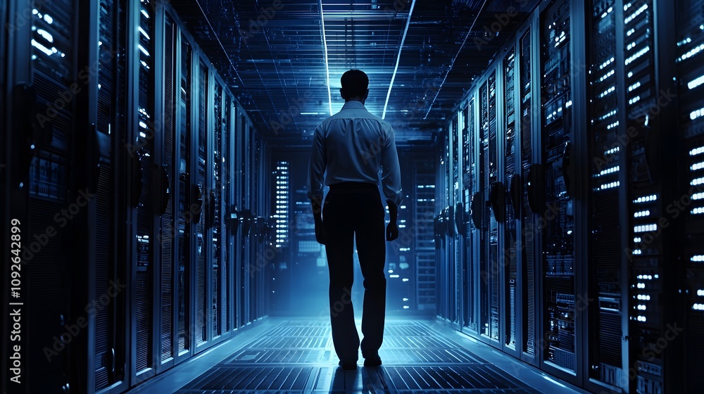 Poster Data center operations server room high-tech environment dark atmosphere perspective of a worker