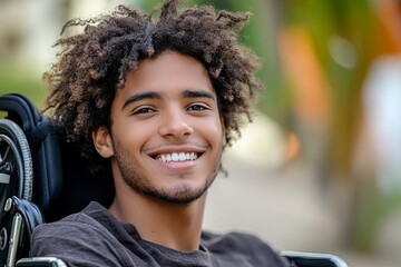 Fototapeta premium realistic image, a young Brazilian wheelchair user smiling neutral background,generative ai