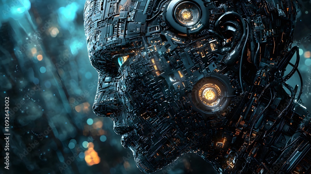 Aufkleber Futuristic robot creation cyber city digital art sci-fi environment close-up view technology concept