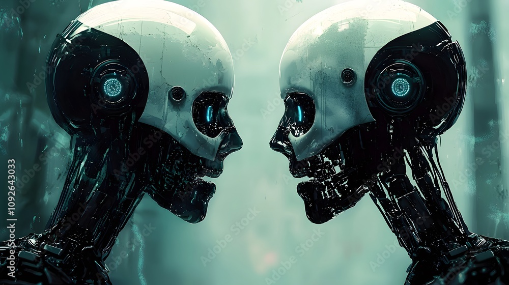 Poster Confrontation of artificial intelligence futuristic lab digital art cybernetic environment close-up view duality of machines