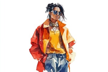 Fototapeta premium A stylish figure in a vibrant outfit, showcasing modern fashion through watercolor art.