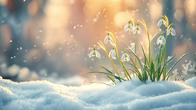 Snowdrops in the forest, flowers, awakening of nature after winter