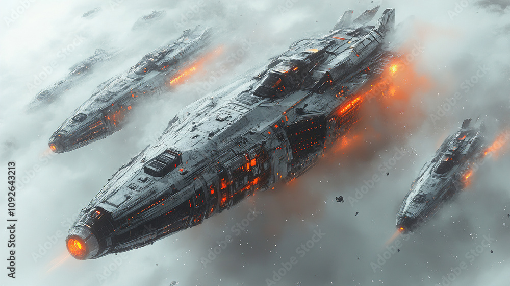 Poster spaceships maneuvering through a foggy atmosphere in a distant universe during an interstellar missi