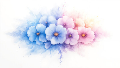 Delicate arrangement of blue and pink hibiscus flowers on a soft watercolor background
