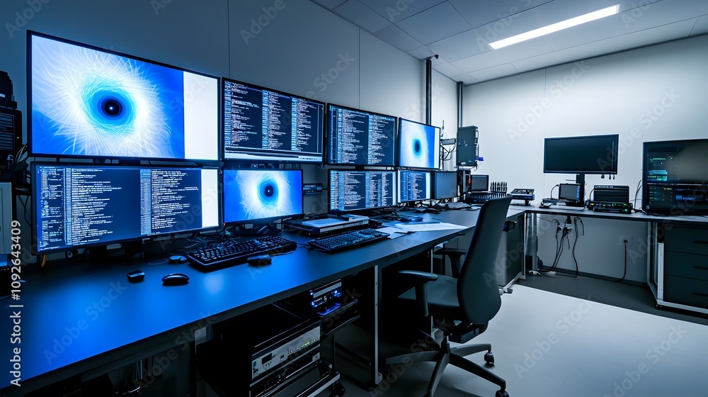 Poster high-tech control room setup modern office digital workstation sleek environment wide-angle view inn