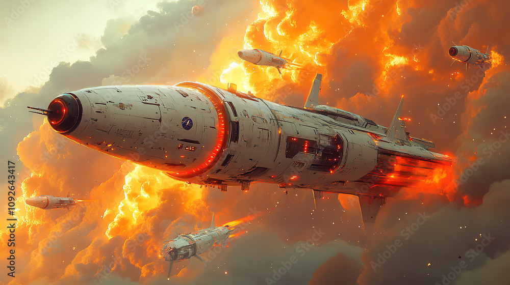 Poster futuristic spacecraft navigating through explosive clouds with missiles in a dramatic display of pow