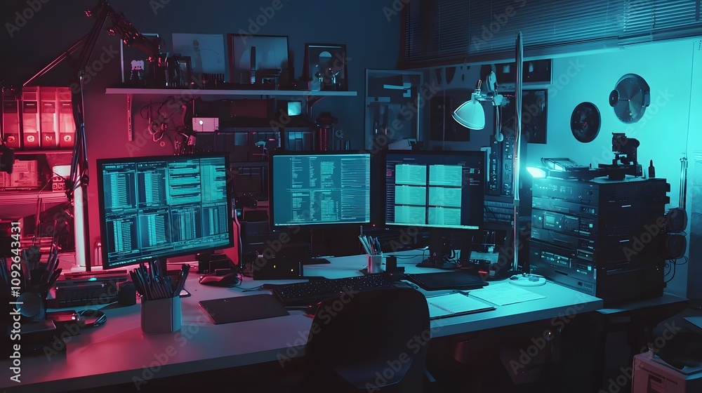 Poster Data analysis workspace modern office digital setup dim lighting overhead angle tech environment