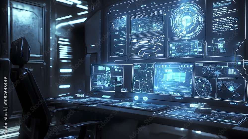 Poster Futuristic command center sci-fi environment digital interface high-tech space perspective view technology innovation