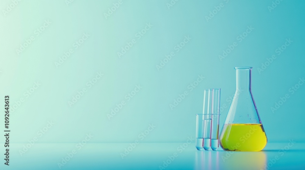 Poster a laboratory scene featuring a yellow liquid in a flask and test tubes on a minimalist background.
