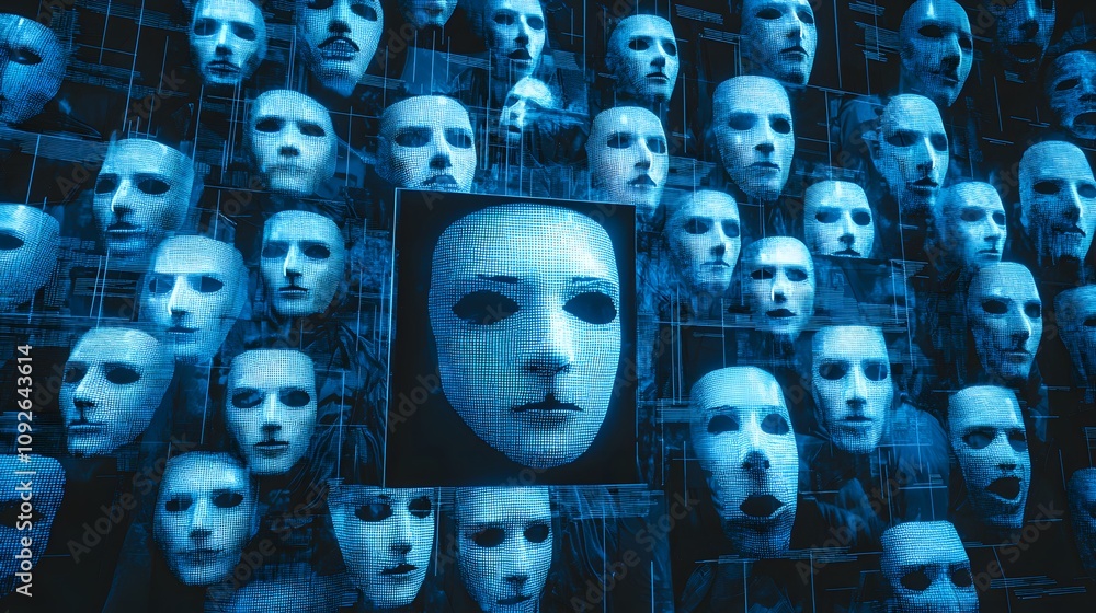Aufkleber digital masked faces virtual space graphic art futuristic environment close-up view identity explora