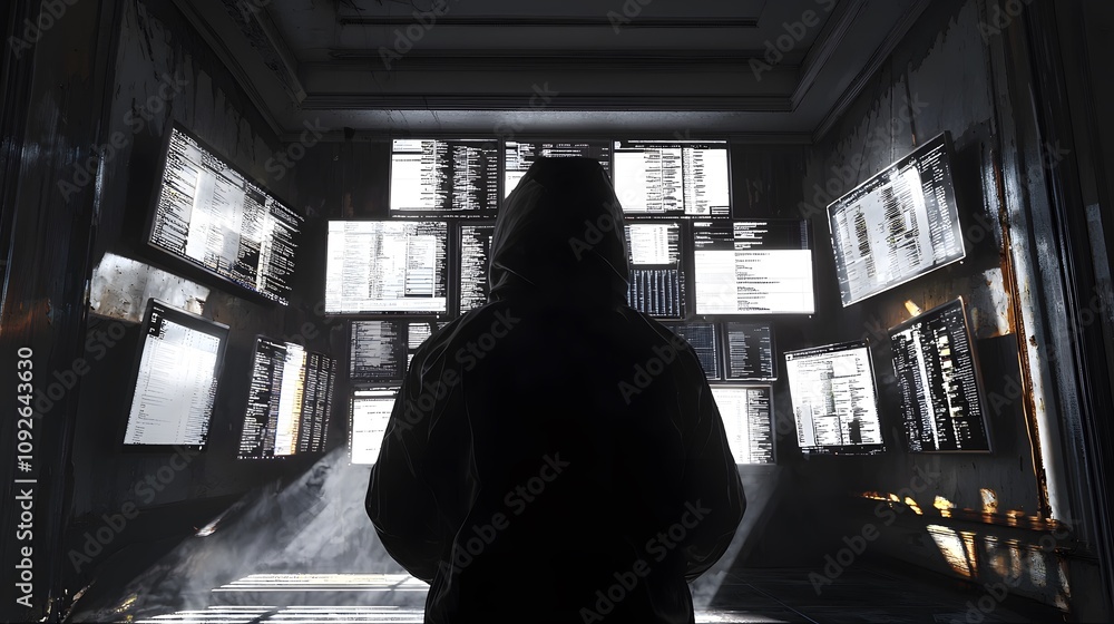 Leinwandbilder cybersecurity breach investigation tech lab digital art dark environment rear view hacker concept