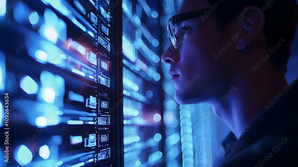 Poster Analyzing data security trends server room technology image low light close-up innovation insights