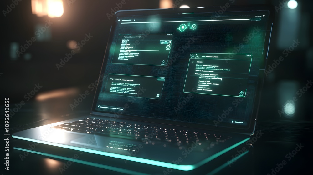 Poster Cybersecurity analysis digital workspace data display virtual environment close-up view technology insights