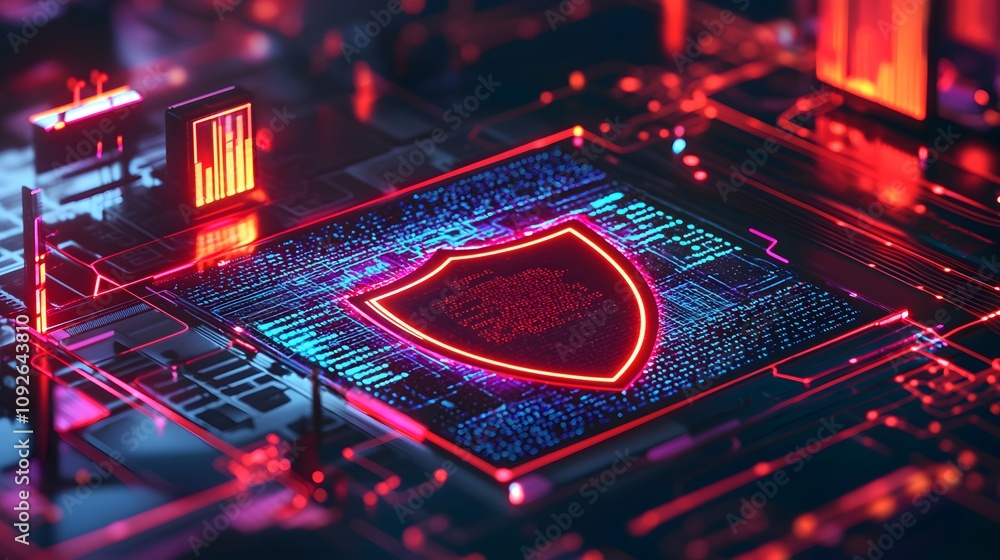 Poster Cybersecurity action digital landscape graphic design futuristic environment close-up viewpoint data protection concept
