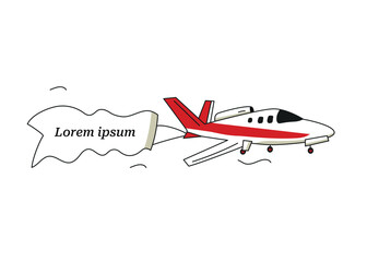 Vector illustration with plane and banner on white background. Flat design 
