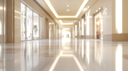 Naklejka premium A modern, spacious corridor with polished floors and soft lighting, suggesting elegance and calm.