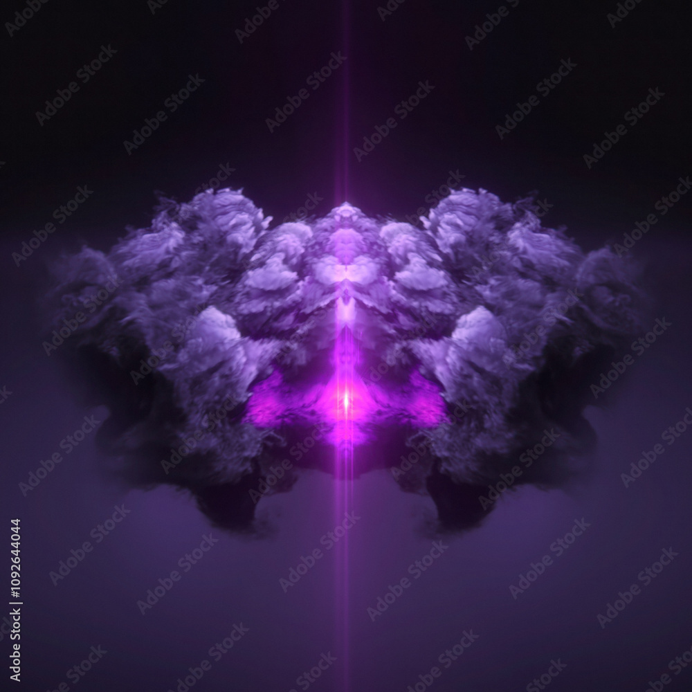 Poster symmetrical digital illustration of a cloud of purple smoke with a bright pink light source. the dee