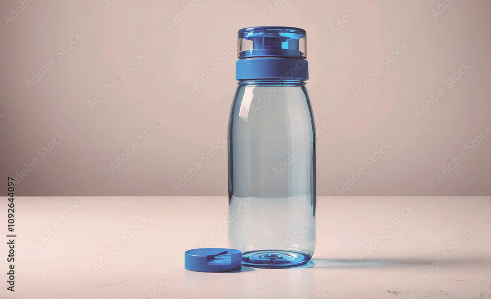 Poster clear bottle with a blue lid sits on a table. the bottle is empty. the lid is blue and has a white c