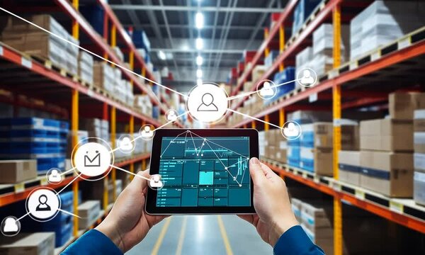 A person holding a tablet displaying data analytics in a warehouse setting, symbolizing technology and logistics management.