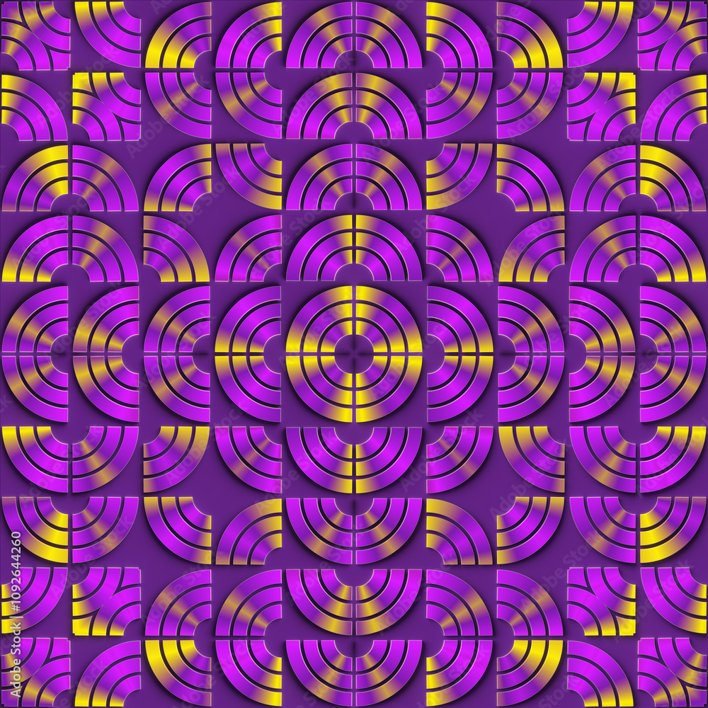Poster Digital illustration of a repeating geometric pattern. The color scheme is purple with yellow accents. Contemporary style with digital art aesthetic. 3d rendering