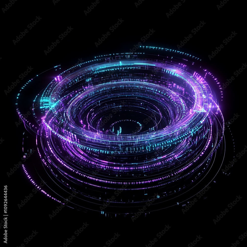Poster A Futuristic Circular Digital Pattern with Vibrant Blue and Purple Light Trails Illuminating on a Dark Background for Technology or Abstract Concepts