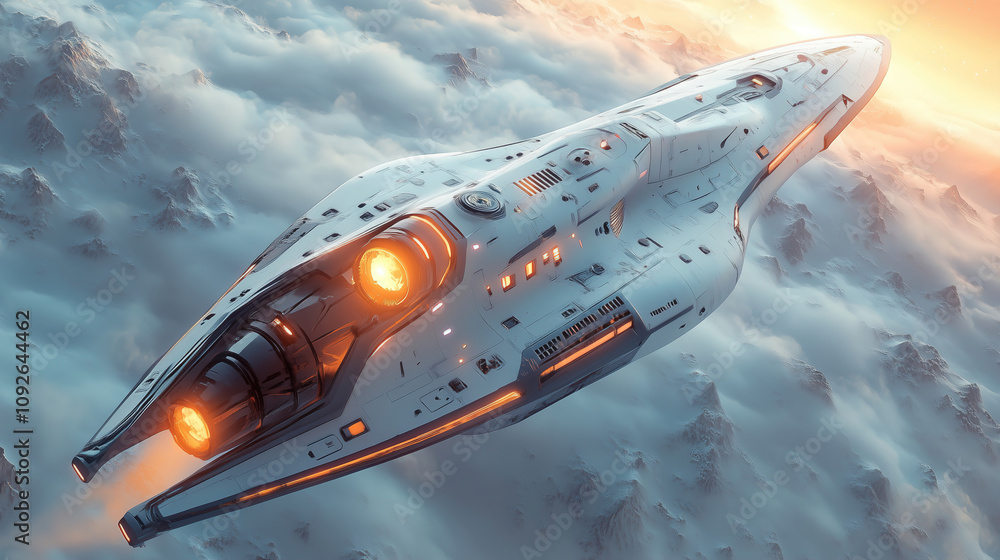 Aufkleber spaceship soaring above cloud layers during a vibrant sunset in a distant galaxy. generative ai