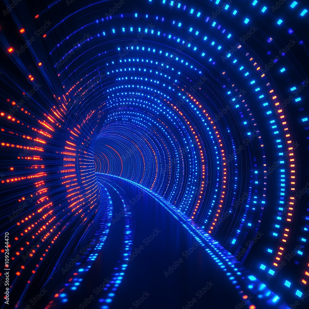 Poster a stunning abstract representation of a futuristic tunnel with vibrant blue and orange light trails 