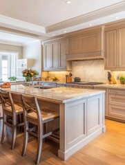 Fototapeta premium Elegant Kitchen Island With Granite Countertop And Wooden Stools