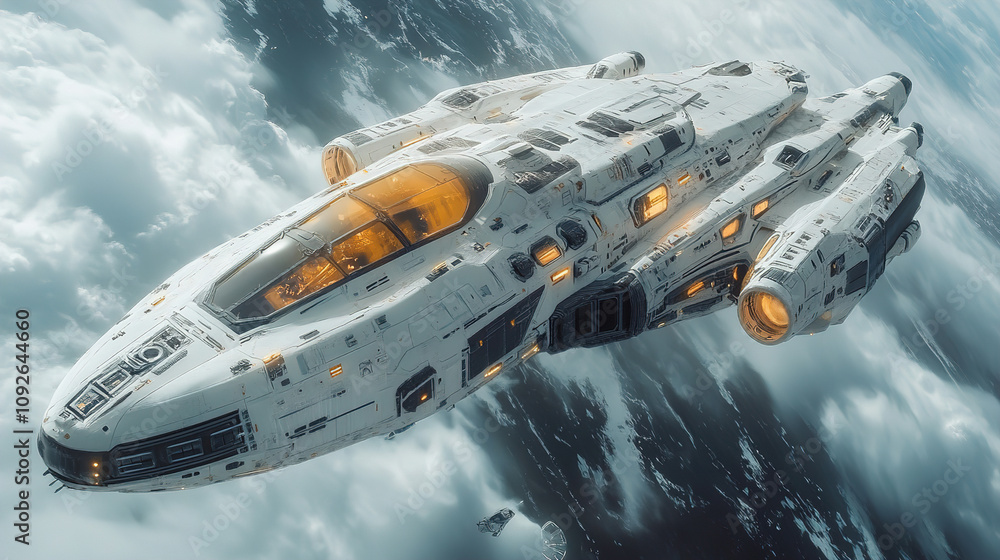 Poster futuristic spaceship navigating through clouds in a dramatic cosmic setting over a distant planet. g