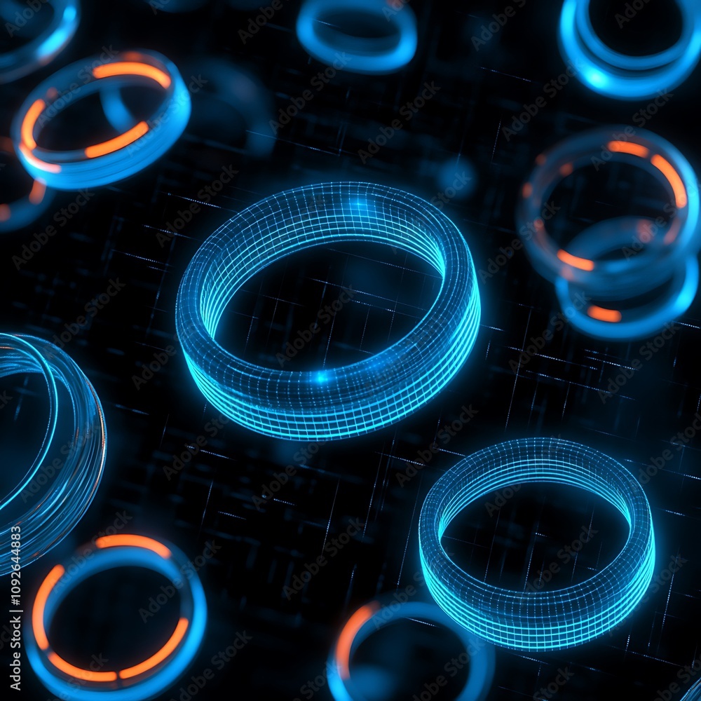 Poster abstract 3d visualization of futuristic circles and rings in bright neon colors floating against a d