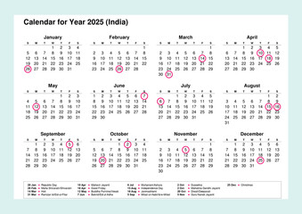 Calendar for 2025 India, with some observances