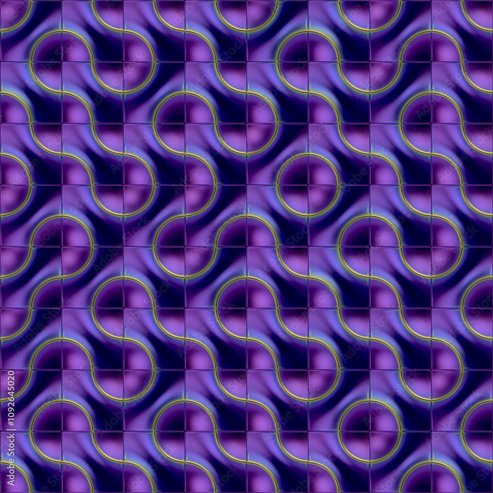 Poster Elegant purple tile pattern with wavy lines and circles. A modern background for building facades or public spaces. 3d rendering digital illustration