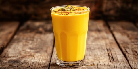 A frothy glass of Indian lassi, garnished with saffron strands and pistachios, rustic wooden background