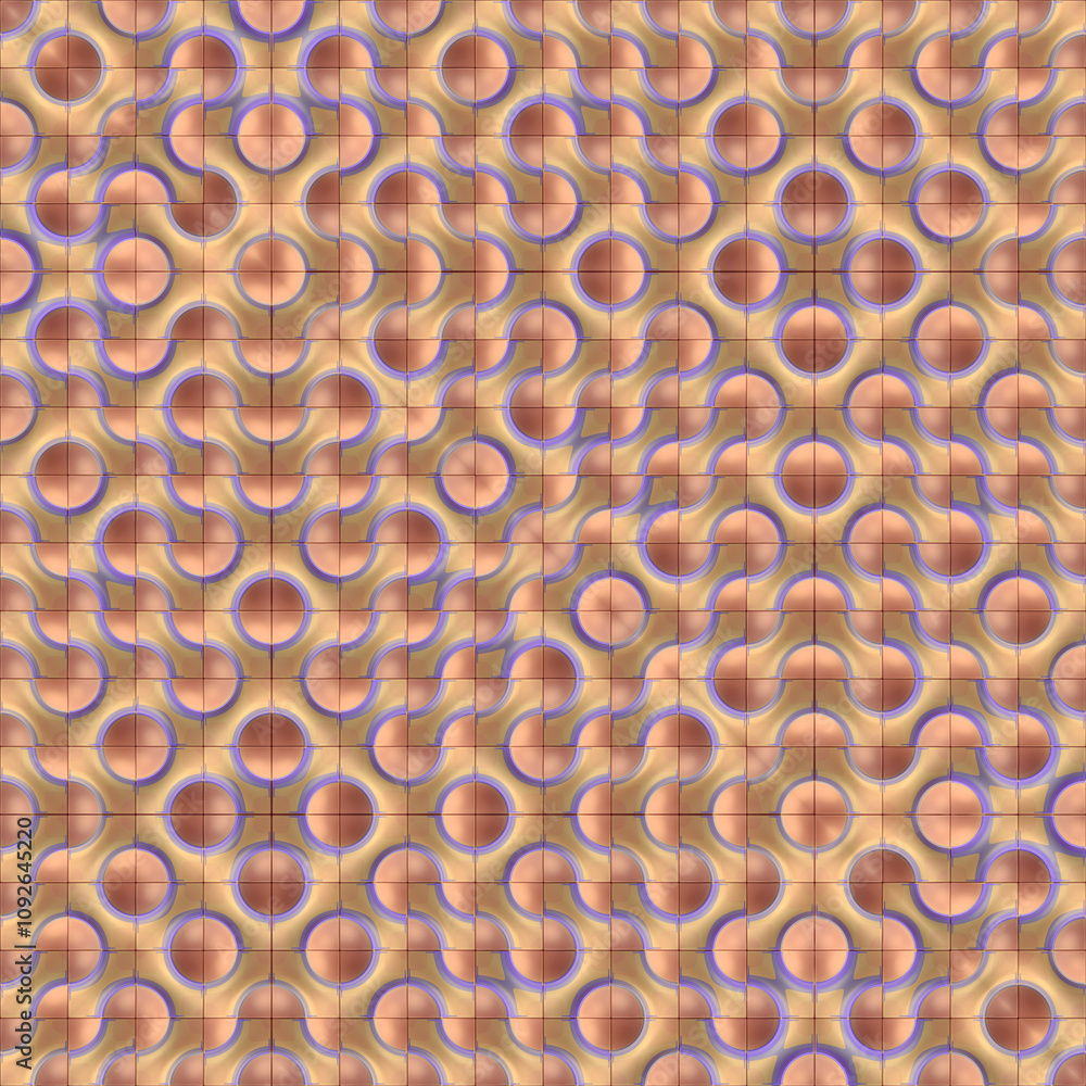Poster Digital illustration of a colorful symmetrical pattern of pastel colored tiles with wavy lines and circles. Fashionable pattern for interior wall decoration. 3d rendering