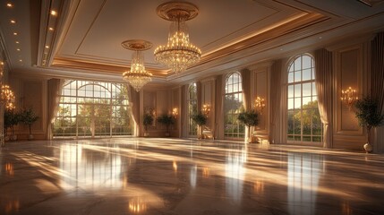 Fototapeta premium Elegant and Spacious Empty Ballroom with Chandelier Lighting and Natural Daylight Streaming Through Large Windows in a Luxurious Setting