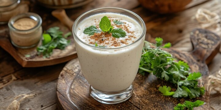 A glass of buttermilk (chaas) with mint leaves and cumin powder, served with a side of fresh herbs
