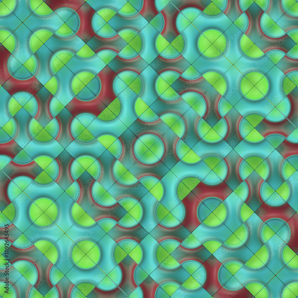 Poster Illustration consisting of many square tiles lined up in a grid, with the pattern on each tile flowing seamlessly into the adjacent ones, creating an effect of wavy lines and circles. 3d rendering