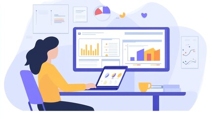 A person analyzing data on a laptop while viewing a monitor with charts and graphs.