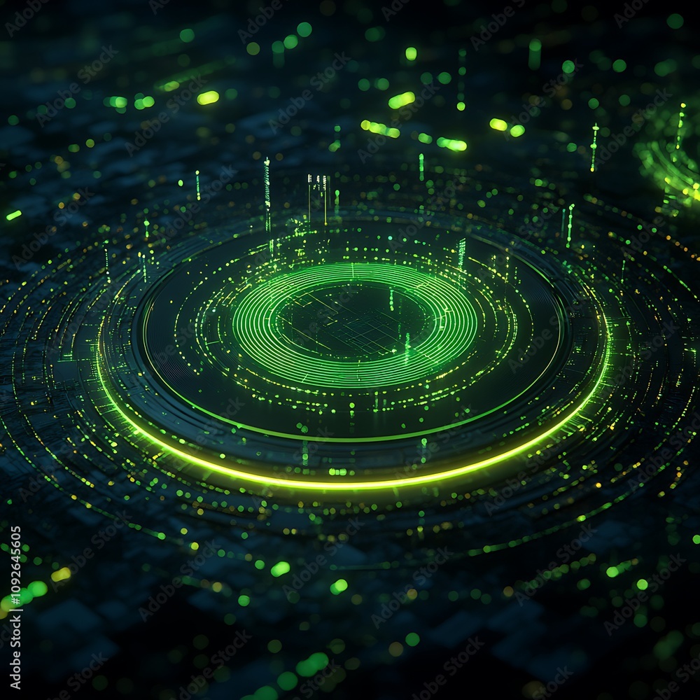 Poster abstract circular digital design with glowing green lines and dots creating a futuristic and technol
