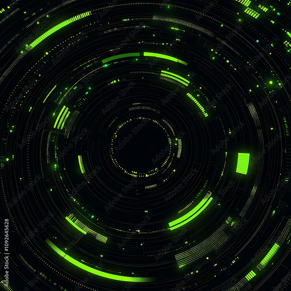 Poster abstract circular green digital technology background with glowing lines, dots, and intricate patter